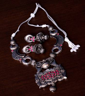 Stone Embellished Silver Oxidised Designer Necklace cum Earrings 317FNN159 1