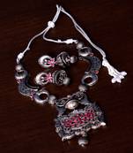 Stone Embellished Silver Oxidised Designer Necklace cum Earrings 317FNN159