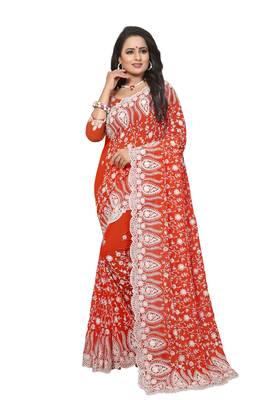 Orange embroidered georgette saree with blouse 1