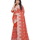 Orange embroidered georgette saree with blouse