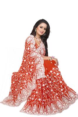 Orange embroidered georgette saree with blouse 2
