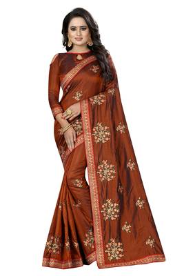 Brown embroidered art silk saree with blouse 1
