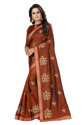 Brown embroidered art silk saree with blouse 2