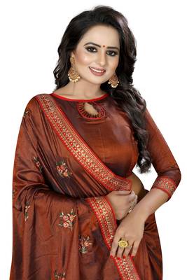 Brown embroidered art silk saree with blouse 4