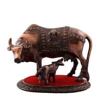 Kamdhenu Cow and Calf Metal Figurine 1