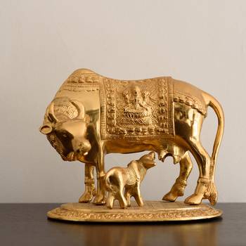 Golden Kamdhenu Cow and Calf Metal Figurine 1