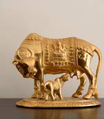 Golden Kamdhenu Cow and Calf Metal Figurine