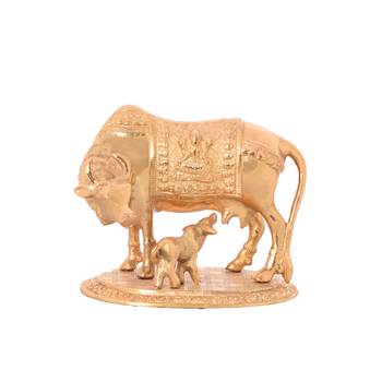 Golden Kamdhenu Cow and Calf Metal Figurine 2
