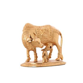 Golden Kamdhenu Cow and Calf Metal Figurine 3