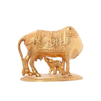 Golden Kamdhenu Cow and Calf Metal Figurine 4