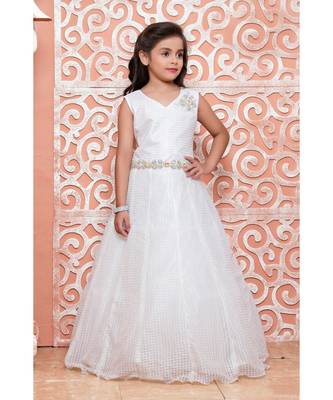 white embroidered polyester kids girl gowns 1