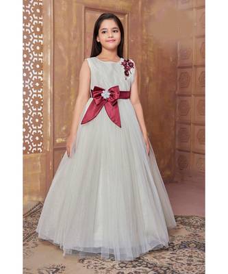 Maroon woven satin kids girl gowns 1