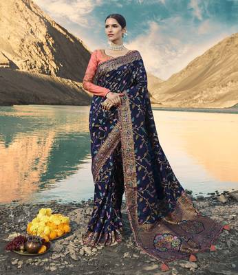 Navy Blue Embroidered Raw Silk Saree With Blouse 1