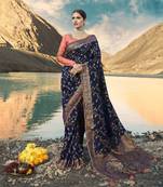 Navy Blue Embroidered Raw Silk Saree With Blouse