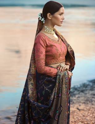 Navy Blue Embroidered Raw Silk Saree With Blouse 2