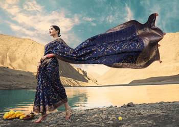 Navy Blue Embroidered Raw Silk Saree With Blouse 3