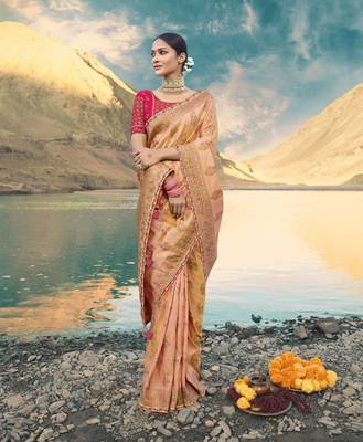 Peach Embroidered Raw Silk Saree With Blouse 1