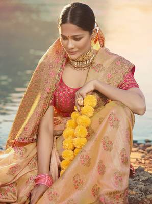 Peach Embroidered Raw Silk Saree With Blouse 3