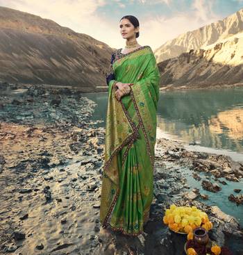 Green Embroidered Raw Silk Saree With Blouse 1