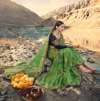 Green Embroidered Raw Silk Saree With Blouse 2