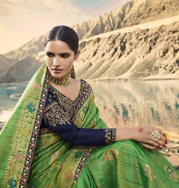 Green Embroidered Raw Silk Saree With Blouse 4