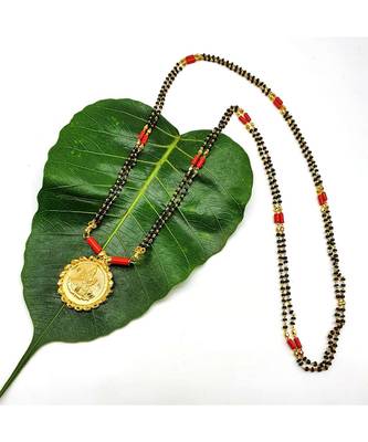 Mangalsutra Golden Lakshmi Coin Pendant Mangalsutra Black Orange Coral Beads Double Line Layer Long Necklace 1