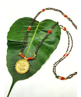 Mangalsutra Golden Lakshmi Coin Pendant Mangalsutra Black Orange Coral Beads Double Line Layer Long Necklace 2