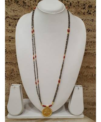 Mangalsutra Golden Lakshmi Coin Pendant Mangalsutra Black Orange Coral Beads Double Line Layer Long Necklace 3