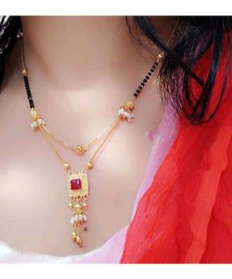 Mangalsutra Multi Strand Gold Double Hain Layer Square Shape Red Stone Pendant Black Beads Chain Mangalsutra 1