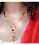 Mangalsutra Multi Strand Gold Double Hain Layer Square Shape Red Stone Pendant Black Beads Chain Mangalsutra