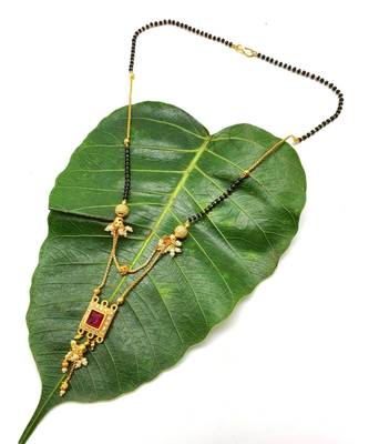 Mangalsutra Multi Strand Gold Double Hain Layer Square Shape Red Stone Pendant Black Beads Chain Mangalsutra 2