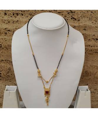Mangalsutra Multi Strand Gold Double Hain Layer Square Shape Red Stone Pendant Black Beads Chain Mangalsutra 3