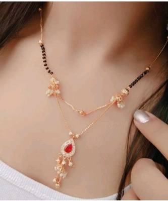 Mangalsutra Multi Strand Gold Double Hain Layer Round Shape Red Stone Pendant Black Beads Chain Mangalsutra 1