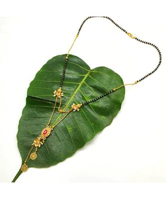 Mangalsutra Multi Strand Gold Double Hain Layer Round Shape Red Stone Pendant Black Beads Chain Mangalsutra 2