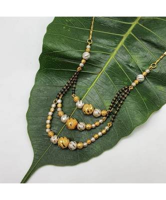 Necklace Multi Strand Gold Plated Triple Hain 3 Layer Gundla Mala Big Golden Mani Black Beads Chain Mangalsutra 3