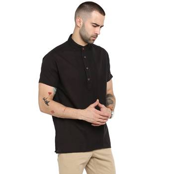 Black Plain Cotton Stitched Short Kurta 4