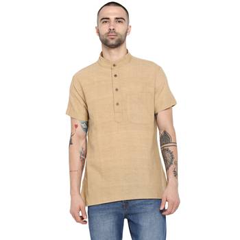 Beige Plain Cotton Stitched Short Kurta 1