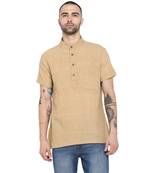 Beige Plain Cotton Stitched Short Kurta
