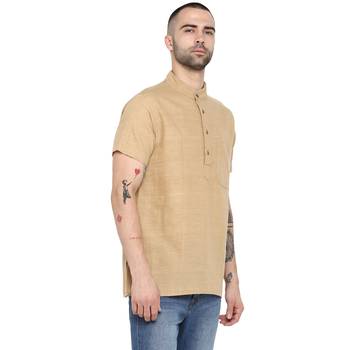 Beige Plain Cotton Stitched Short Kurta 4