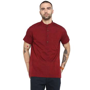 Red Woven Cotton Stitched Short Kurta 1