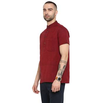 Red Woven Cotton Stitched Short Kurta 3