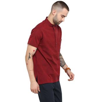 Red Woven Cotton Stitched Short Kurta 4