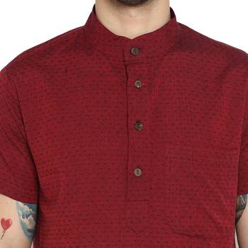 Red Woven Cotton Stitched Short Kurta 5