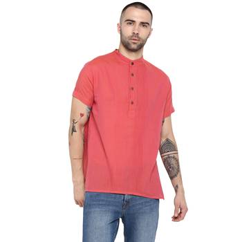 Pink Plain Cotton Stitched Short Kurta 1