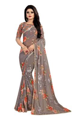 Grey printed georgette saree with blouse 1