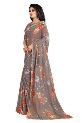 Grey printed georgette saree with blouse 2