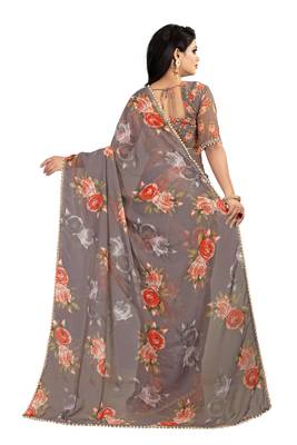 Grey printed georgette saree with blouse 3