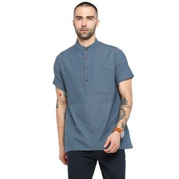 Blue Woven Cotton Stitched Short Kurta 1