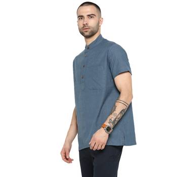 Blue Woven Cotton Stitched Short Kurta 3