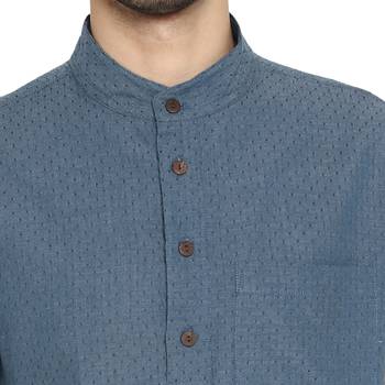 Blue Woven Cotton Stitched Short Kurta 5